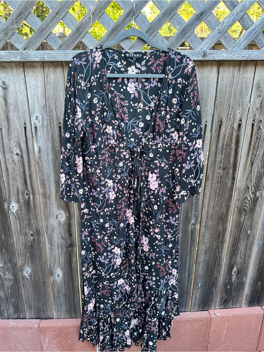 Kivari Black Floral hi low kimono with Pink Accents